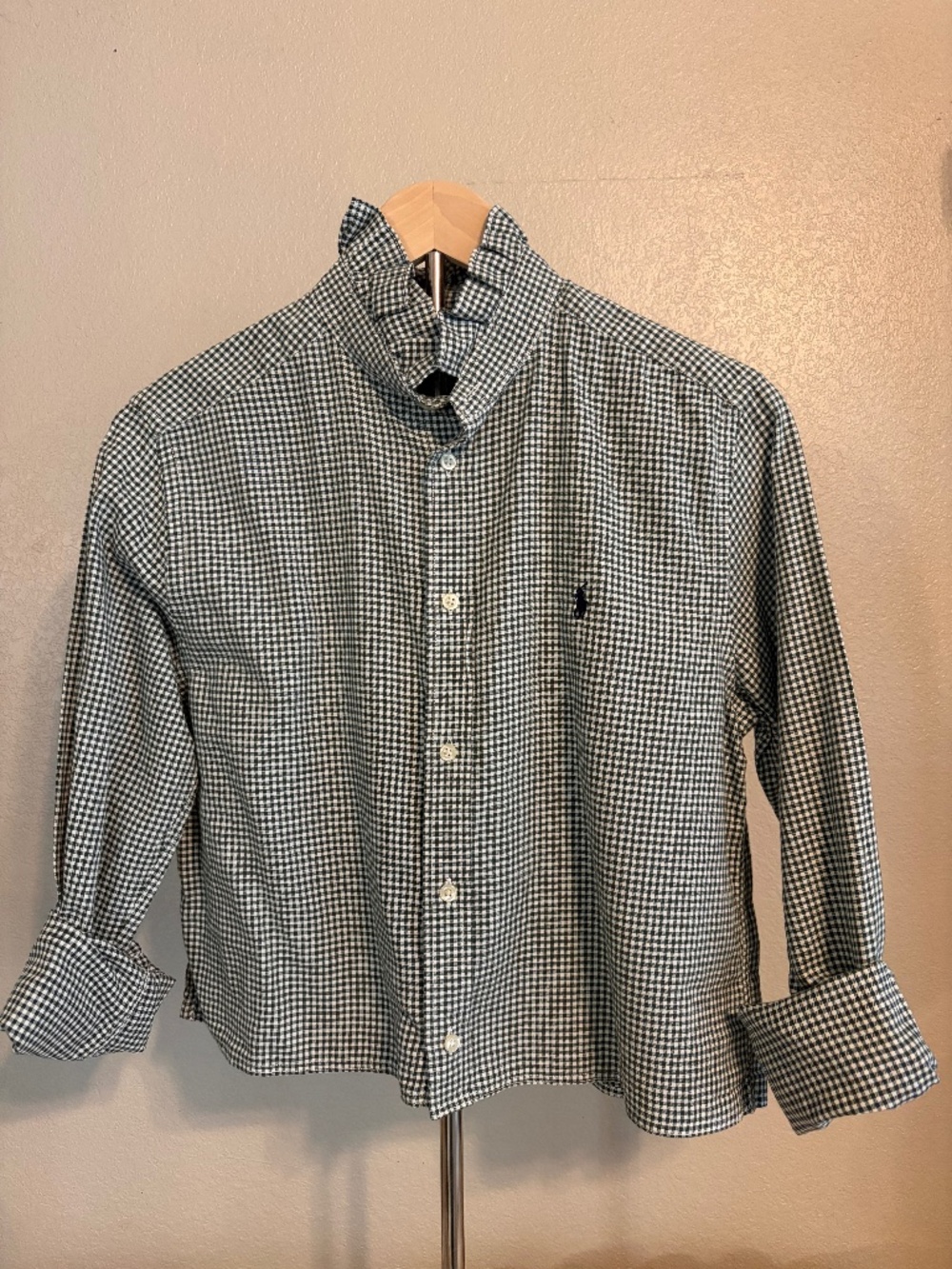 Upcycled Ralph Lauren green gingham shirt.